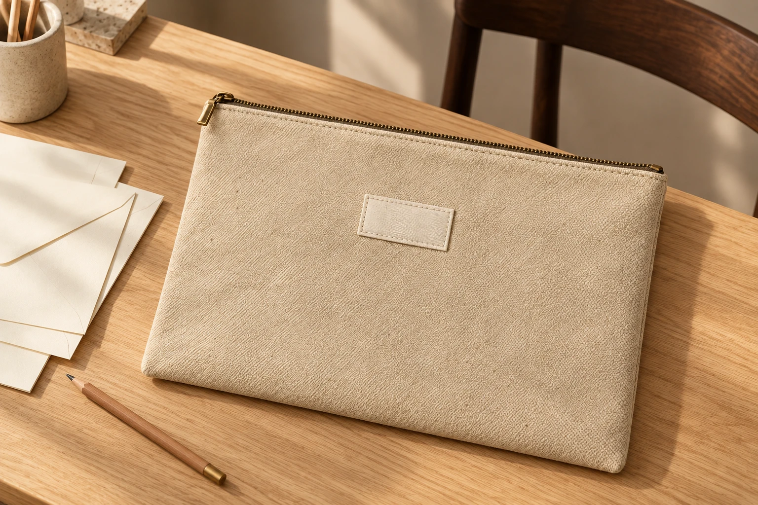 Cotton document pouch beside papers on a writing desk